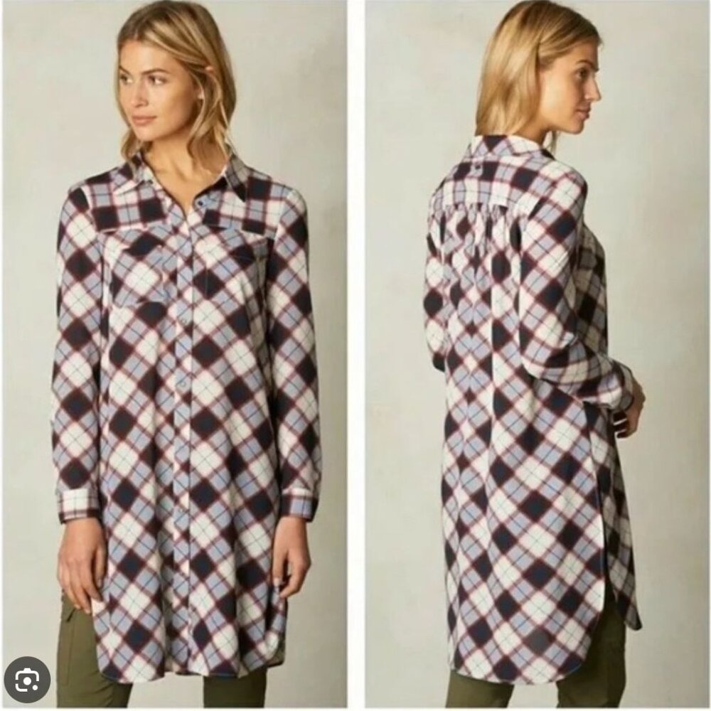 Prana Flint Maxi Shirt Long Sleeve Dress size XS, Maroon, Mauve, Blue, White